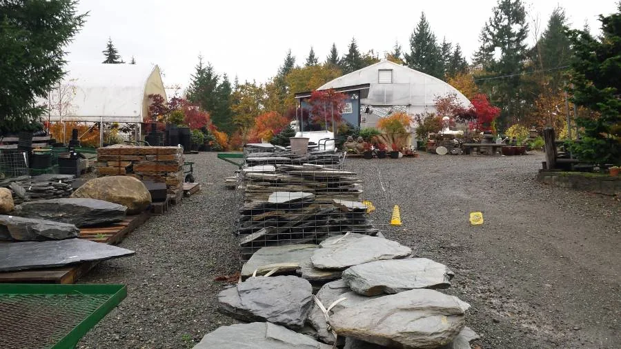 Pallets of flagstone in the yard, with the greenhouses behind